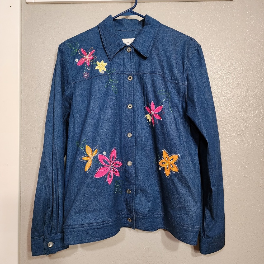 Alfred Dunner Denim Jacket Women Embroidery Beaded Floral size 8 Pockets
